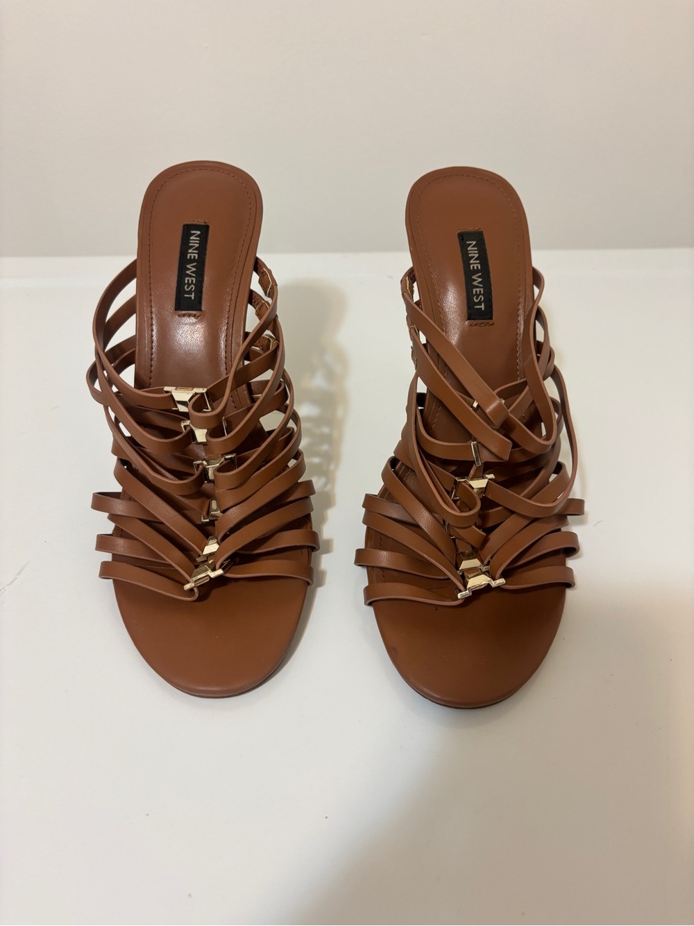 Nine West Brown Multi-Strap Slide Sandals with Gold Accents